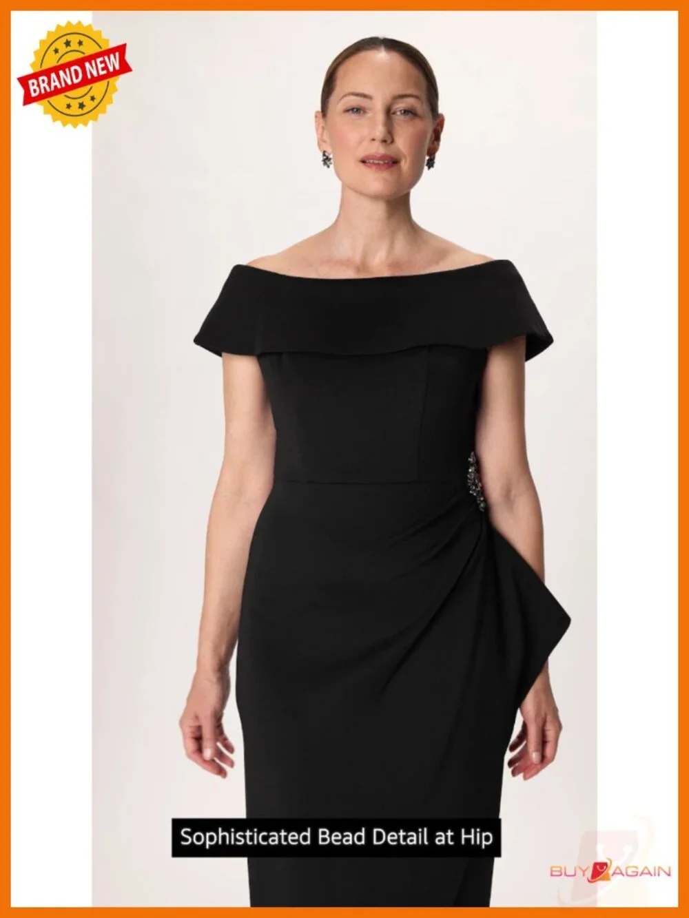 Stretch Scuba Crepe Off Shoulder Formal Sheath Dress Beaded Hip